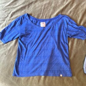 Blue flowy, nearly off the shoulder top. Great swim suit cover!